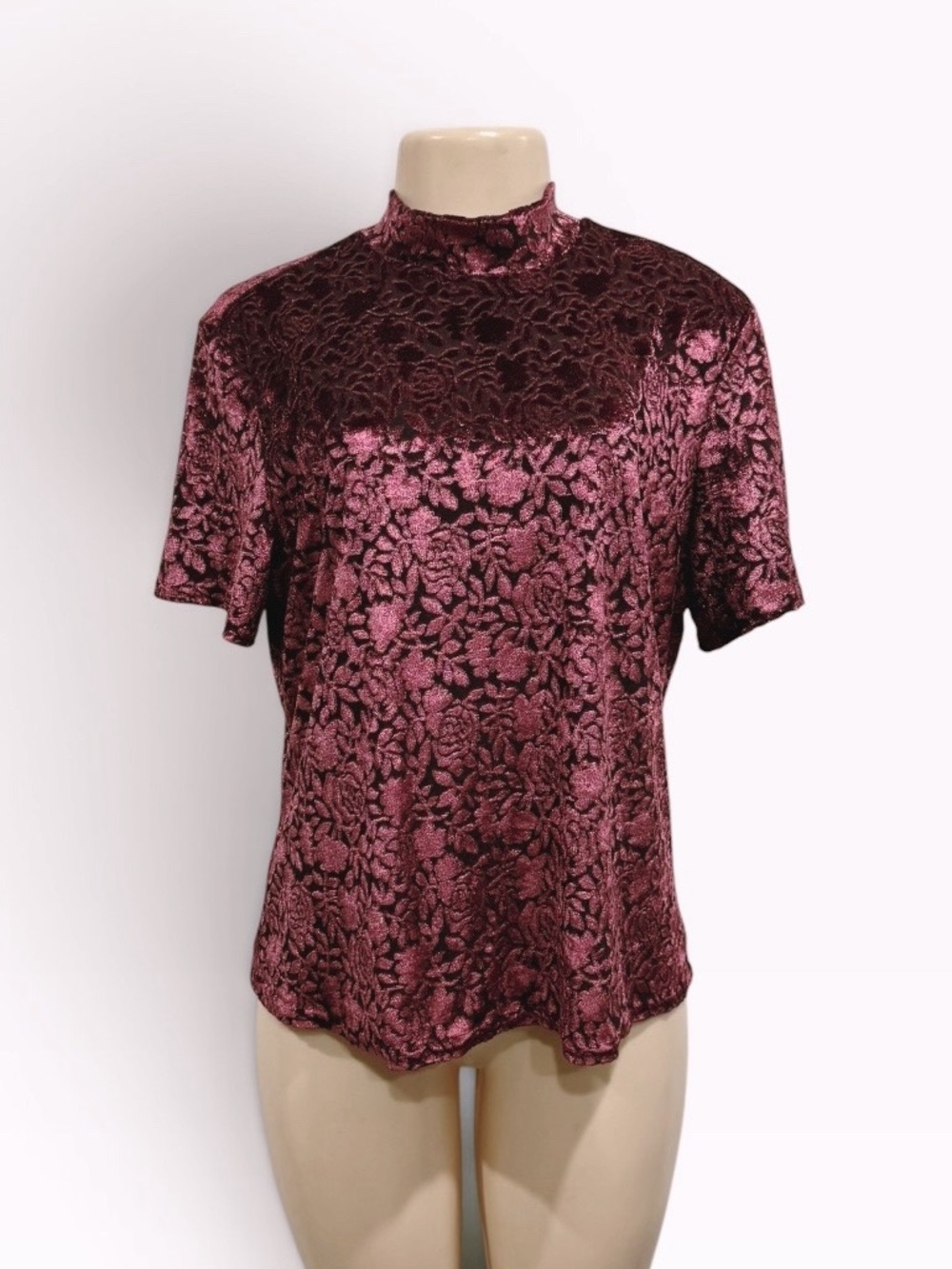 Vintage Short Sleeve Mock Neck Crushed Velvet Burnout Top Burgundy Whimsigoth XL